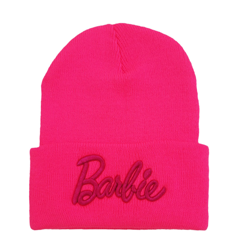 New Autumn and Winter Warm Wool Hat Barbie Three-Dimensional Embroidery Knitted Hat Cute Barbie Pink Pullover Hat Ski Cap