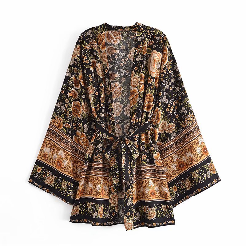 2021 European and American style summer women's new rayon watermark positioning flower belt kimono coat 8637 image