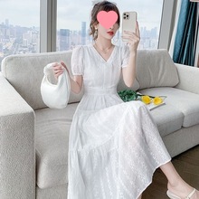 白色短袖连衣裙女夏季新款法式复古高级气质长裙显瘦仙女裙子