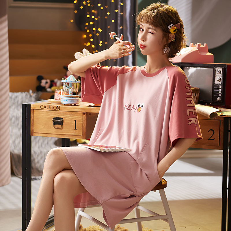 Summer Women's Pajamas Cotton Cute Short Sleeve Nightdress Cartoon Large Size Summer Thin Long Dress Home Wear Can Be Worn outside