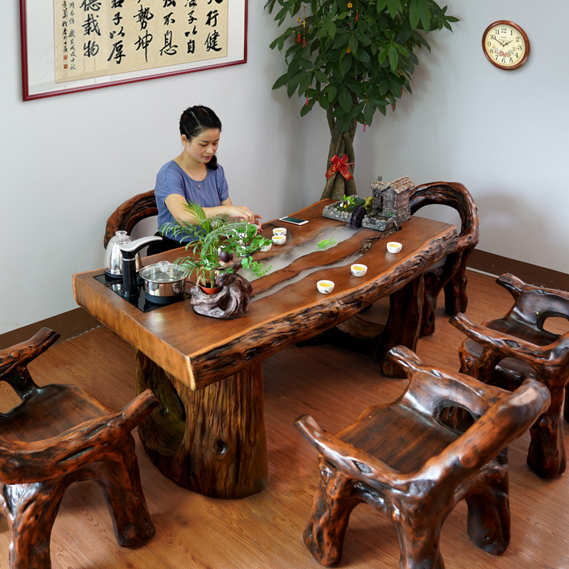 曲水流觞茶桌总裁客厅循环可养水流流水老船木商用组合总经理室