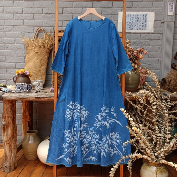 原创民族风文艺大理扎染蜡染蓝染棉麻中袖连衣裙长裙长袍子日常女