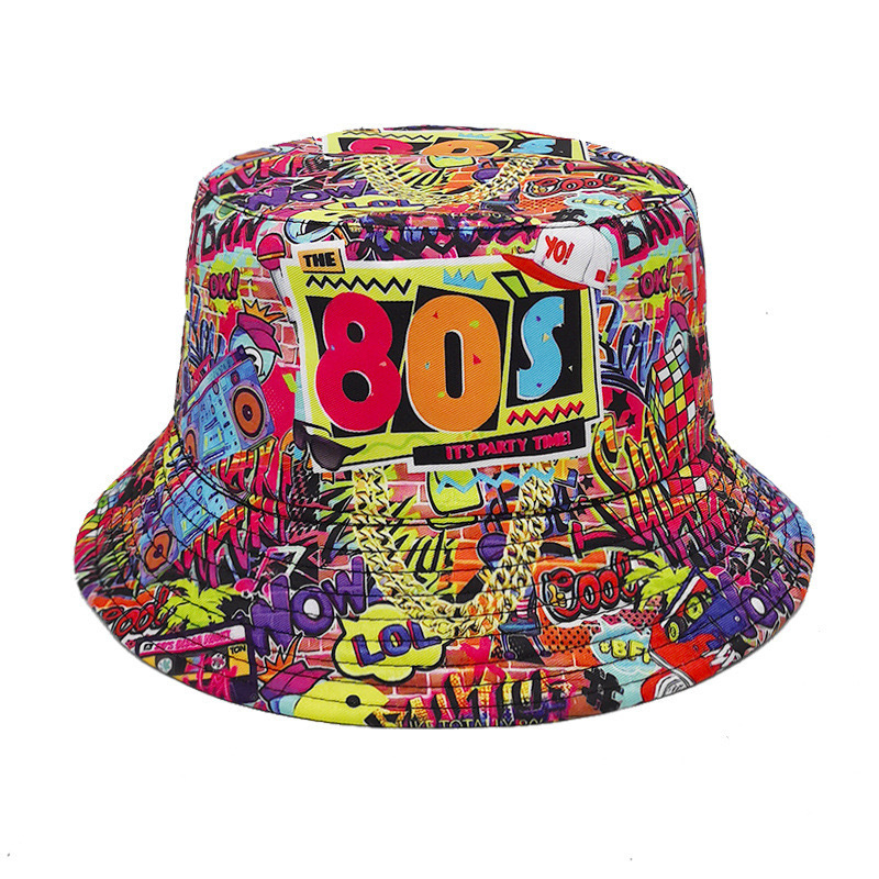 Cross-Border Retro Nostalgic Bucket Hat Female 80S 90S Pattern Letter Printing Bucket Hat Spring and Summer Double-Sided Sun Hat Men