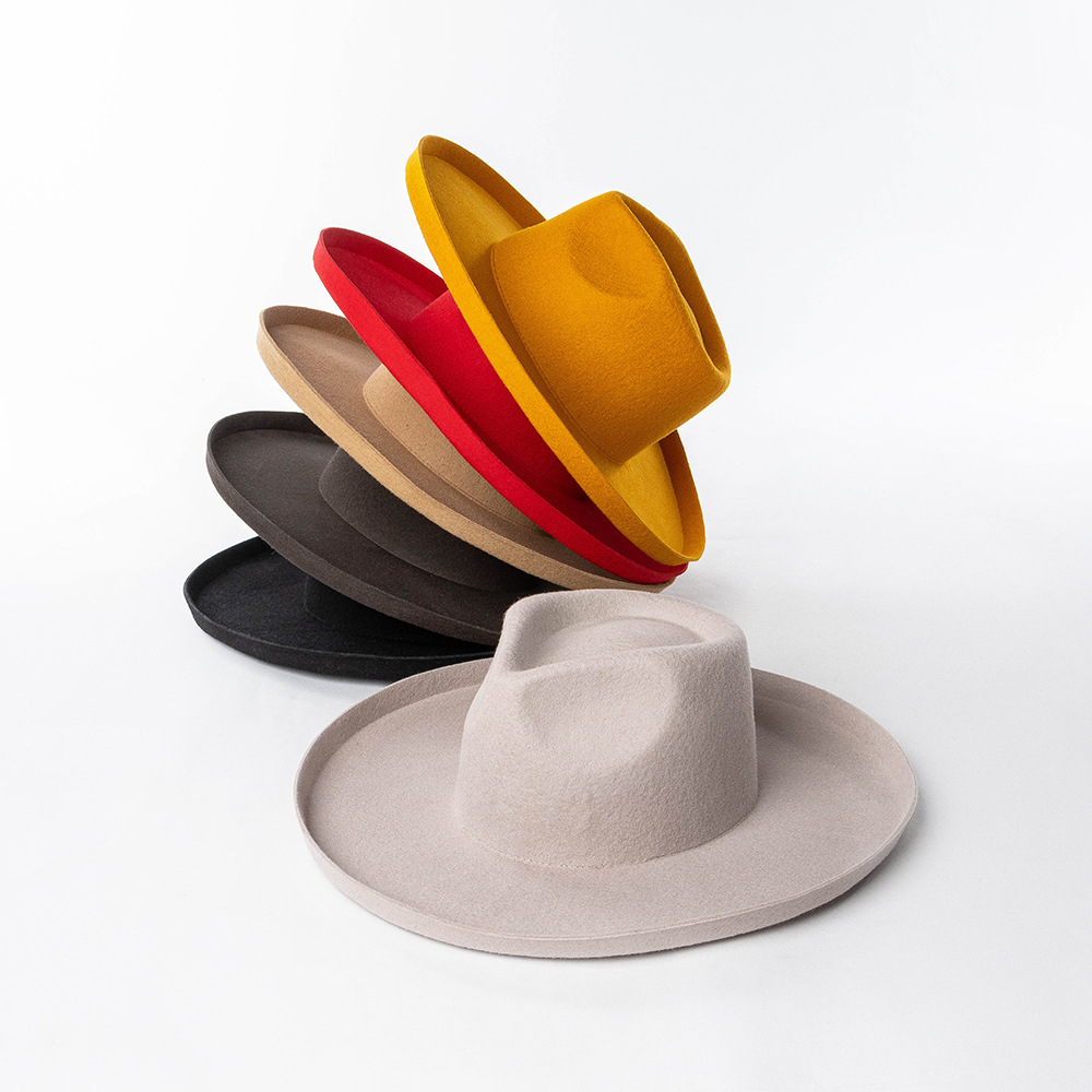 秋冬新款时尚皇冠顶宽檐礼帽白带羊毛呢爵士帽户外保暖造型爵士帽