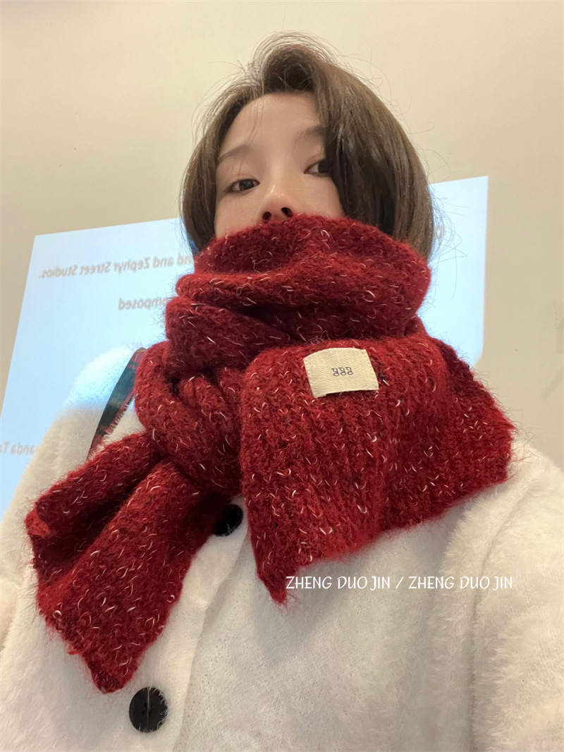 韩国新款混色毛线围巾女秋冬高级感含羊毛百搭保暖针织围脖-阿里巴巴