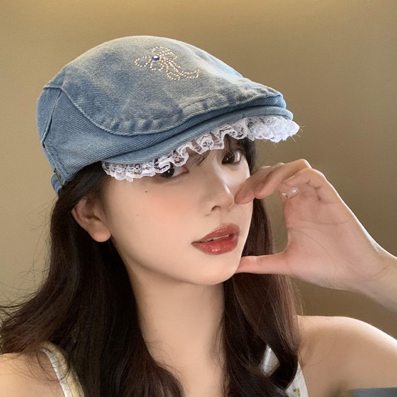 百搭显脸小牛仔蝴蝶结蕾丝边贝雷帽女款韩版前进帽大头围画家帽子