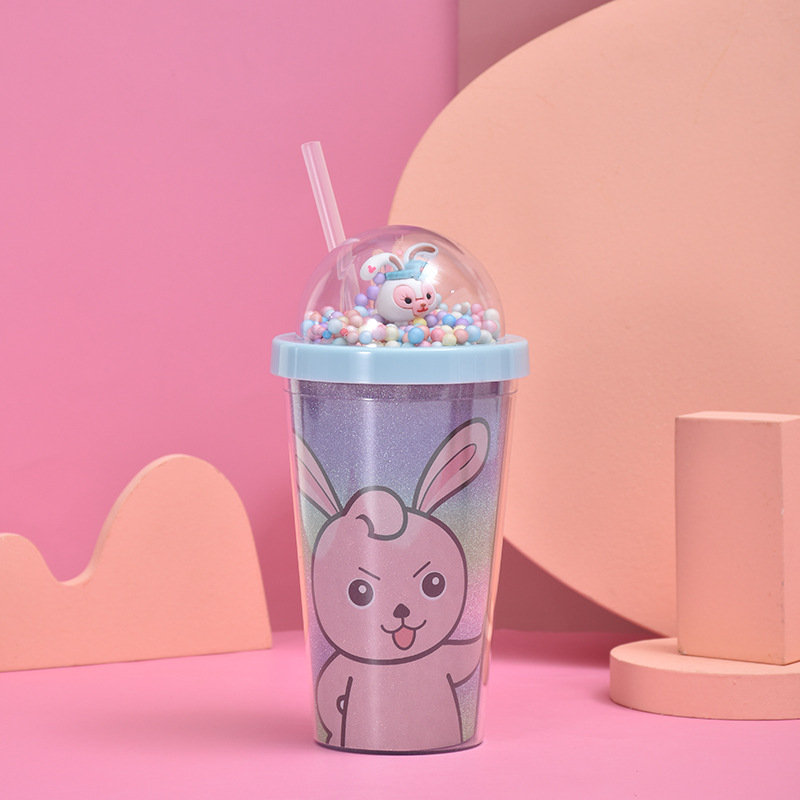 Cartoon Cute Rabbit Plastic Cup Student Girl Heart Children's Straw Cup with Colorful Beads Cover Micro Landscape Summer Ice Glass