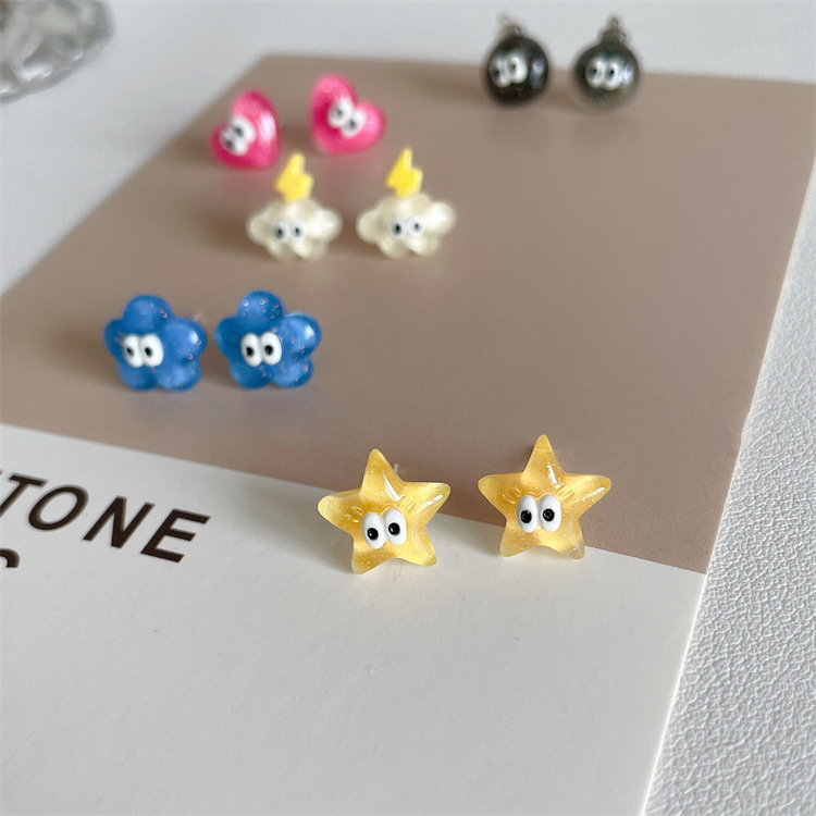 south korea ins jelly transparent stud earrings sequined five-pointed star peach heart cloud 925 silver stud earrings for women mini cute earrings