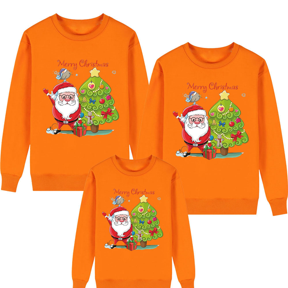 merry christmas卡通圣诞老人圣诞树字母印花亲子家庭装长袖卫衣