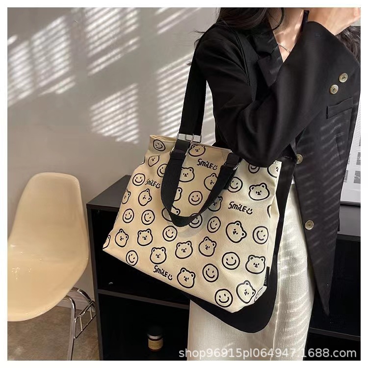 Casual Canvas Bag Female 2023 New Fashion College Student Cartoon Print Crossbody Shoulder Bag Large Capacity Totes