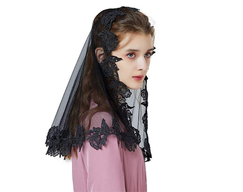 唯色黑色穆斯林新娘面纱水溶花边头纱欧美婚礼婚纱头巾披肩