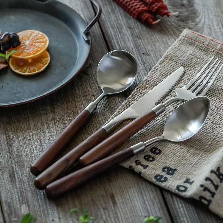 Cross-Border Walnut Western Spoon 304 Stainless Steel Spoon Good-looking Spoon Steak Knife and Fork Soup Spoon Spoon Fork