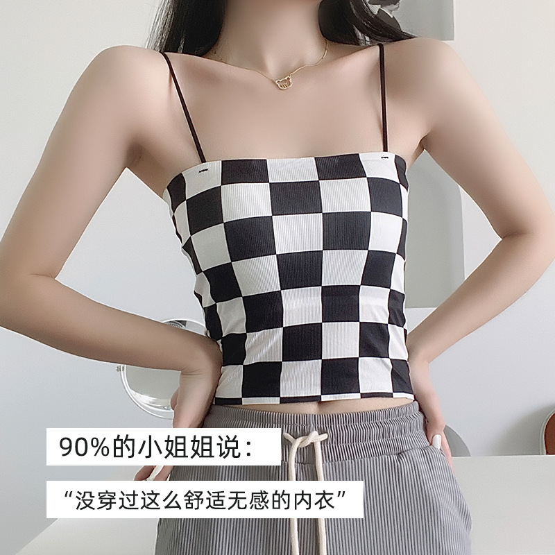长款格子冰丝内搭美背吊带带胸垫抹胸聚拢防走光外穿裹胸内衣女士