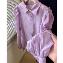 紫色时尚个性洋气百搭泡泡袖雪纺衬衫女2024年春款女装Polo领衬衣