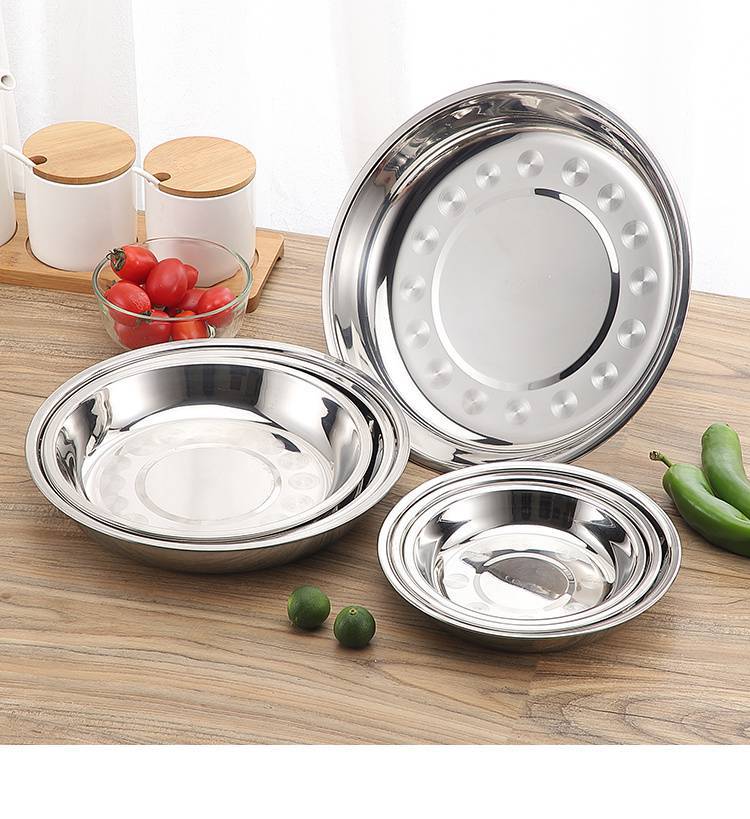 盘子批发5个装不锈钢盘圆盘子家用无磁加厚圆形菜盘子饭盘装菜盘