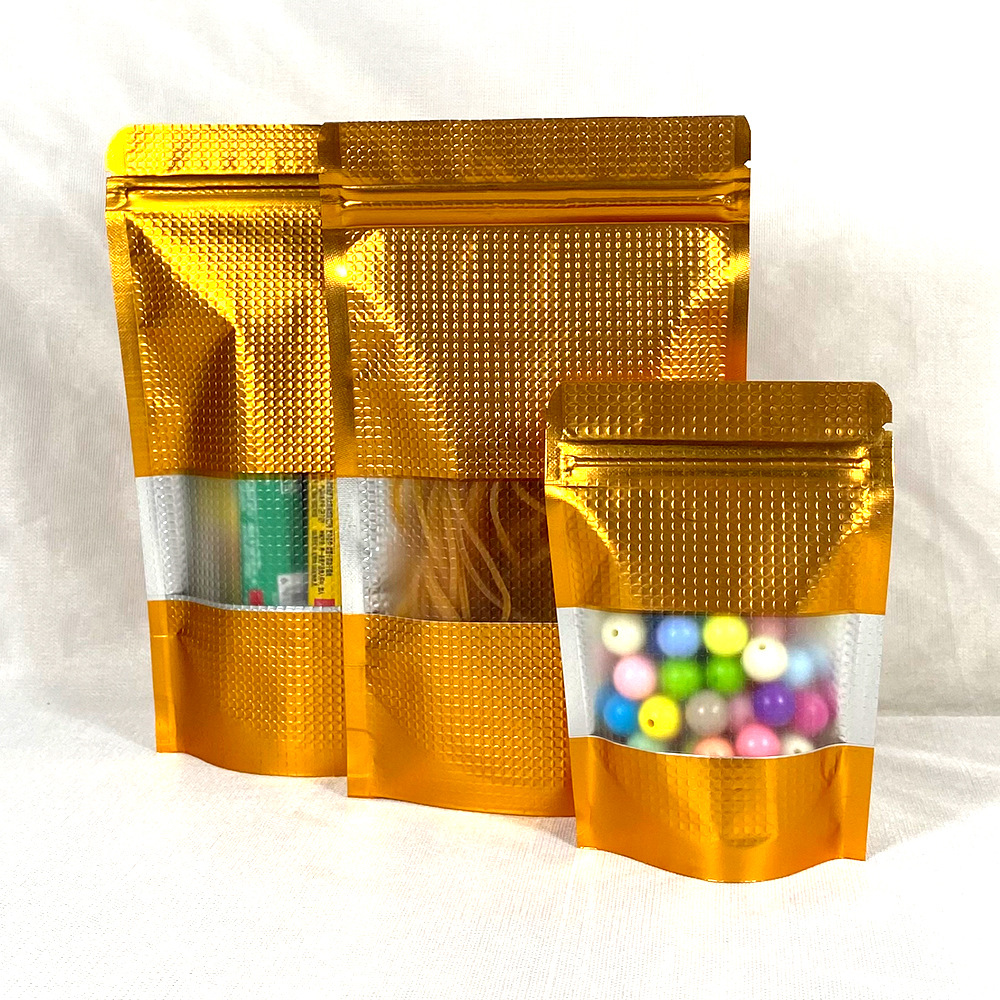 现货金色镀铝压纹开窗自立自封袋 暗金镀铝拉链袋 糖果包装袋