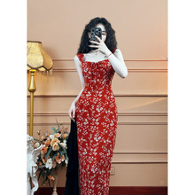 碎花红色吊带连衣裙法式复古气质修身显瘦裙子女夏季长裙