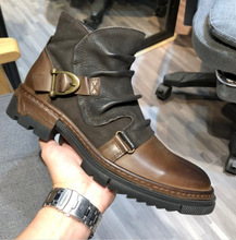 厂家外贸欧美新款方跟高帮男鞋冬季复古系带圆头马丁靴