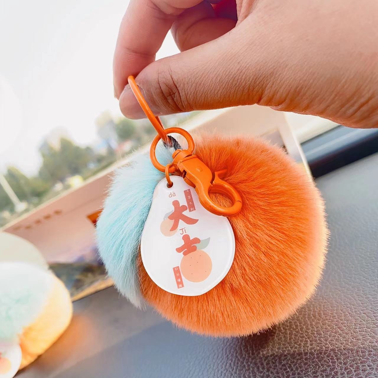 [Good Luck] Real Fur Rex Rabbit Fur Small Orange Car Key Ring Pendant Plush School Bag Bag Charm Gift