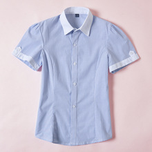 女童纯棉条纹衬衫夏季小学生表演出校服儿童蓝色短袖泡泡袖衬衣