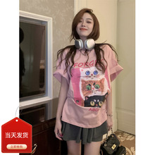 韩版宽松小众甜美粉色猫咪短袖T恤女夏季中长款遮肚子显瘦上衣