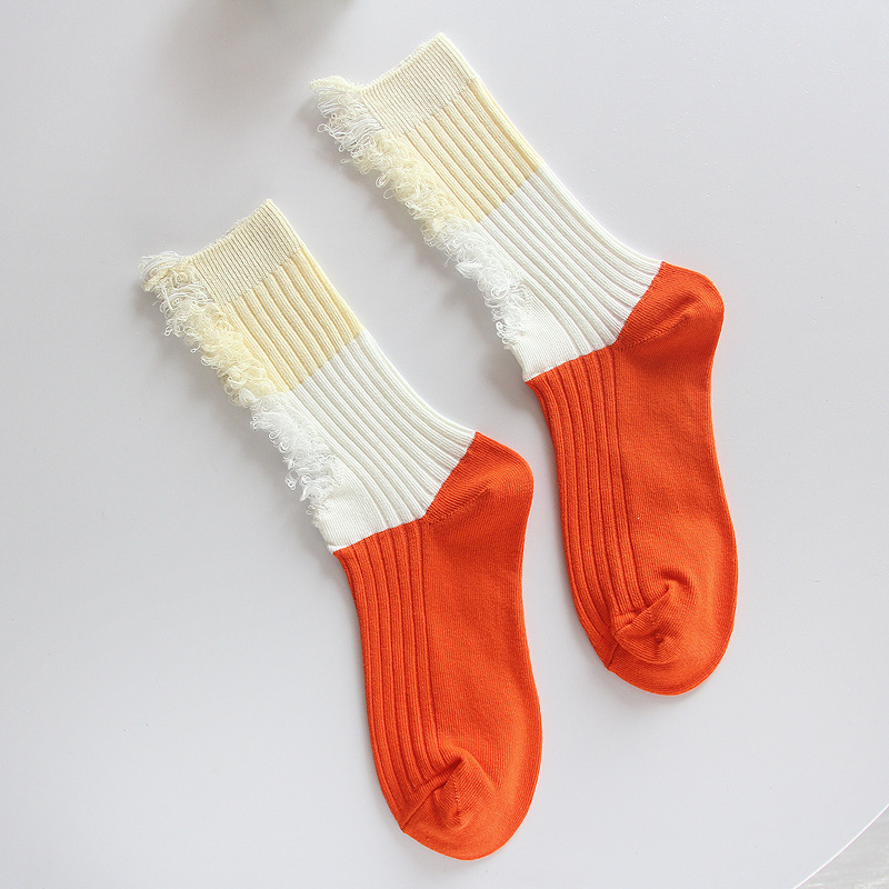 Spring and Summer New Ripped Socks Female Mid-Calf Length Loose Socks Color Matching Beggar Socks Contrast Color Long Socks Trend Double Needle Women's Socks