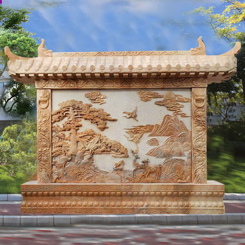 供应石雕屏风浮雕山水玄关花开富贵照壁古建大理石影背墙