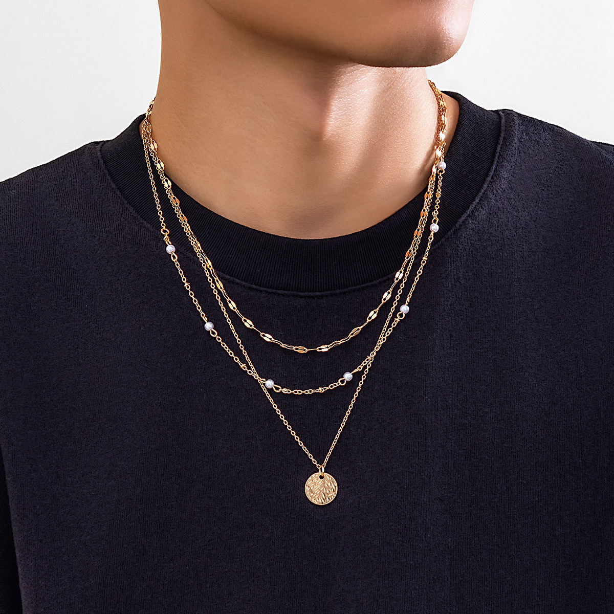 欧美跨境饰品 男士叠戴十字链珍珠项链套装 个性嘻哈高级感配饰