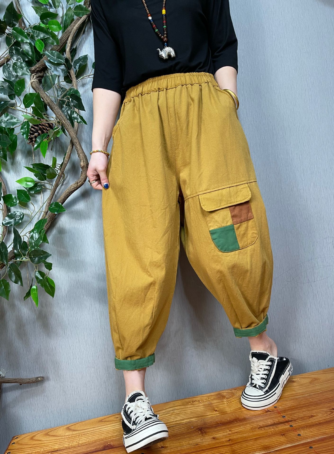 贴布撞色口袋松紧腰宽松裤子女春夏季新款文艺时尚休闲裤女