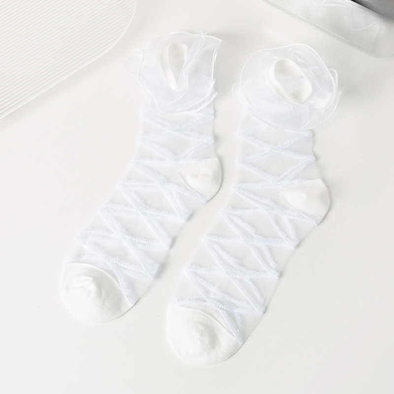 Lolita Japanese Cross Organza Tube Socks Cute Girl Lace Socks Bow Bead Socks Spring and Summer Thin