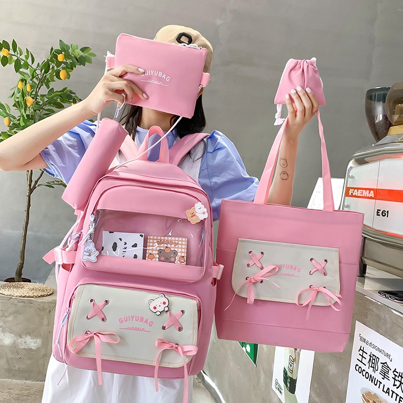 Cross-Border Fashion Book Korean Style Student Japanese Style Fresh Harajuku Backpack Large Capacity Junior High School Student Backpack Four-Piece Set