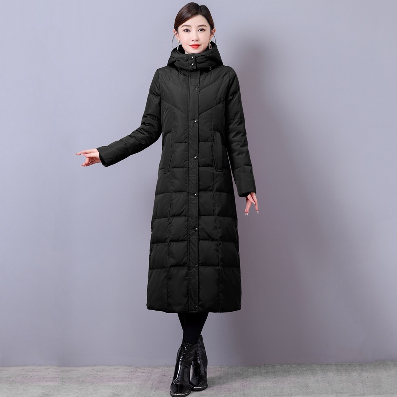 黑色长款羽绒服女过膝超长冬装2024新款可脱卸帽时尚修身防寒外套