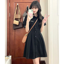 夏季新款韩版小黑裙POLO领背后镂空露腰设计系带收腰显瘦衬衫短裙