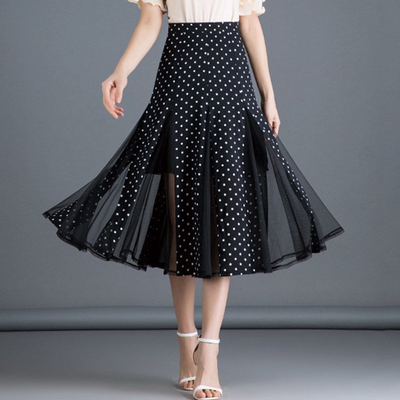 网纱半身裙2021夏季新款鱼尾裙高腰雪纺女裙子中长款显瘦波点长裙