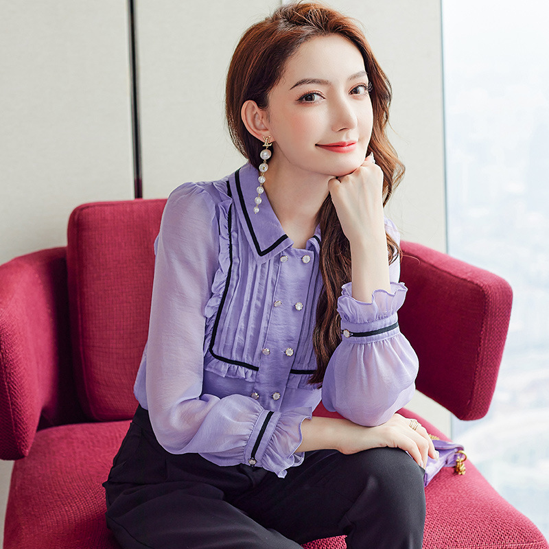 代发紫色雪纺衬衫女长袖2022秋装新甜美气质减龄上衣洋气小衫仙