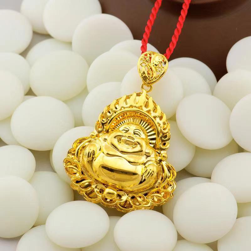 新款镀金吊坠女佛公久不掉色弥勒佛送红黑绳镀黄金色泽生日礼物