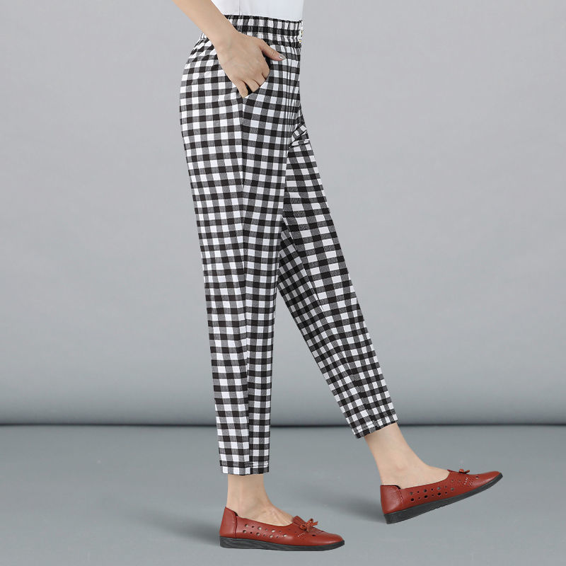 妈妈萝卜裤夏季薄款中老年裤子女中年女士夏天冰丝九分格子哈伦裤