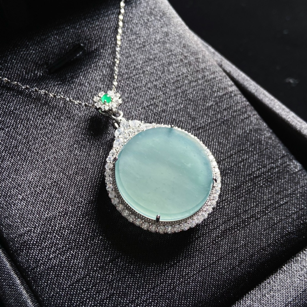 天然a货翡翠蓝水无事牌s925银冰种玉石吊坠玉坠女款项链首饰送礼