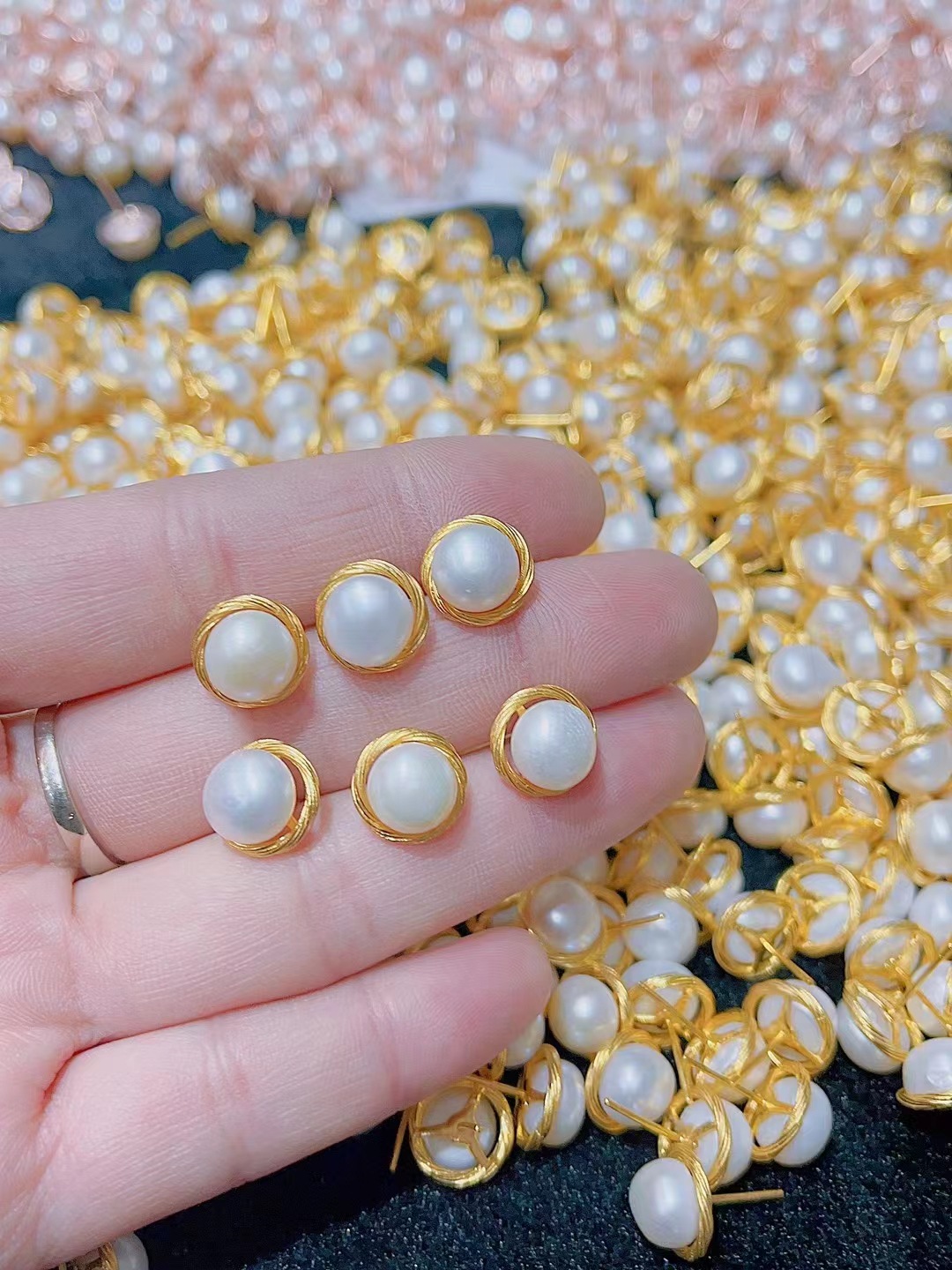 淡水珍珠耳钉 手工绕线 珠宝企业景区耳钉 鸟巢耳钉 简单款耳饰