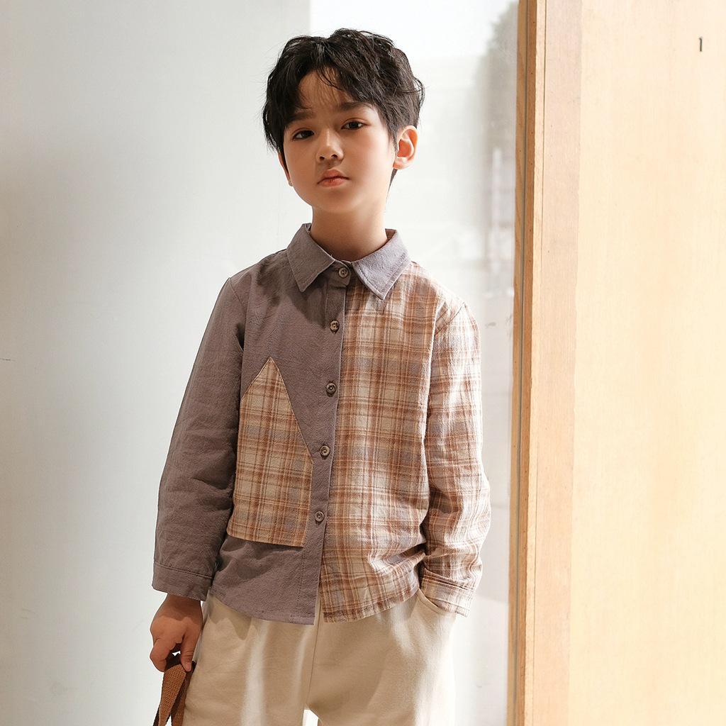 h2117品牌童装2022春季新款儿童上衣中小童拼色格子衬衣男童衬衫