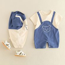 婴儿连体衣夏季男宝宝假两件短袖爬服0-3个月婴儿薄款爬服新生儿