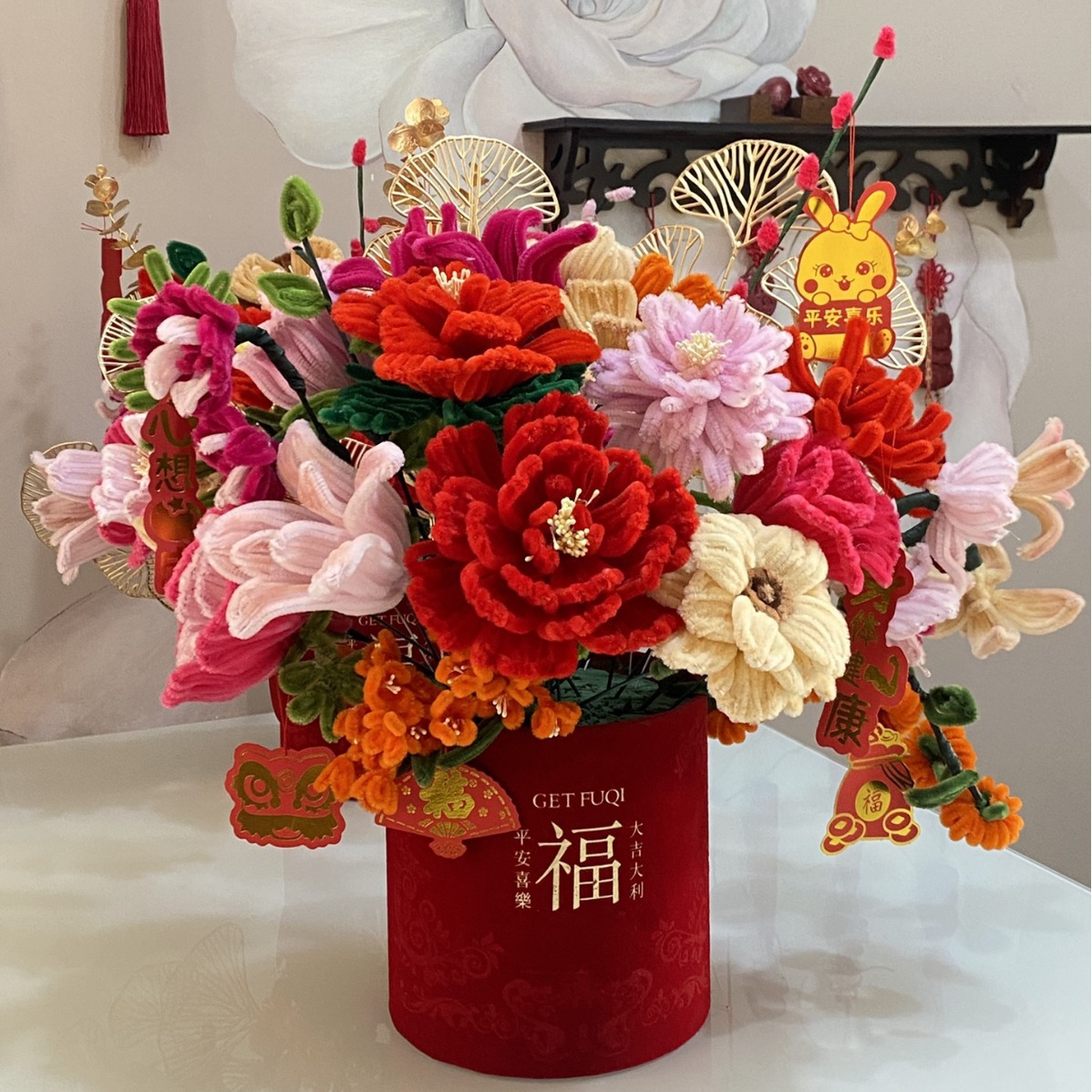 手工扭扭棒diy创意福桶材料包花束红色喜庆乔迁送朋友春节年宵花