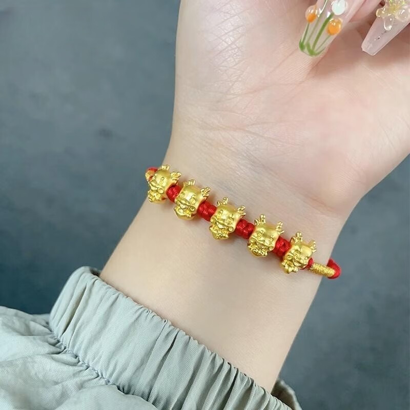 迈道老凤凰黄金五福龙转运珠手链女999足金生肖小金龙编织情侣红