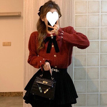 春秋新年红色毛衣女蝴蝶结针织开衫外套亮丝过年小香风洋气上衣