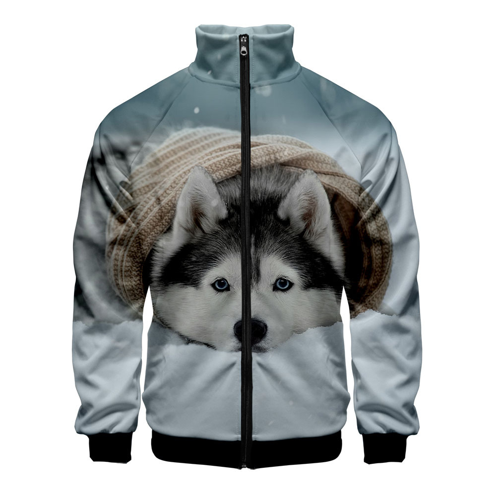 2022跨境新款哈士奇3d数码印花休闲立领拉链卫衣成人男女款可代发