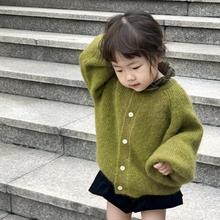 包邮慵懒小众女童针织针织开衫好看灯笼袖芽绿女宝韩版毛衣上衣
