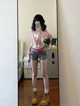 套装女夏季新款辣妹粉色格子衬衫长袖上衣高腰显瘦牛仔短裤潮