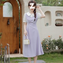 小个子温柔风紫色短袖连衣裙2024新款女夏季法式气质收腰显瘦裙子