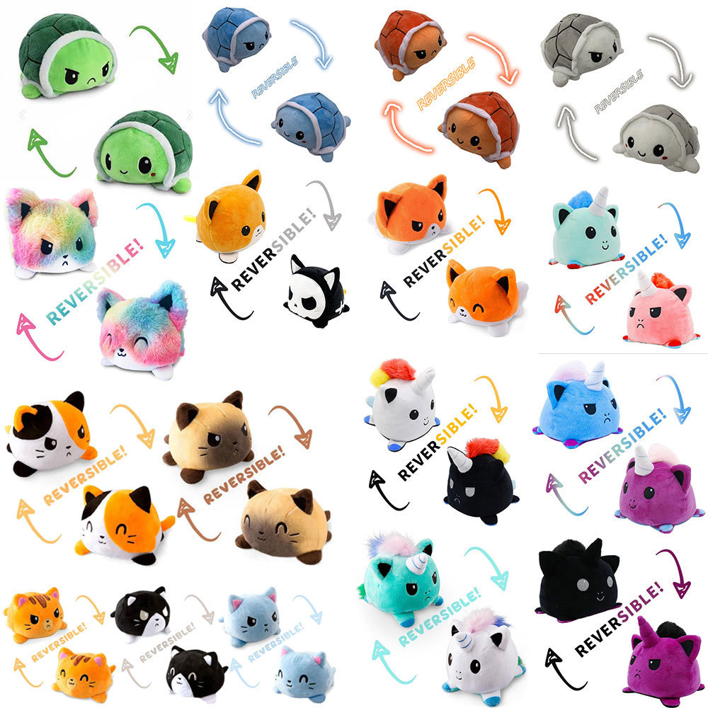 跨境翻转毛绒玩具 可逆翻面猫咪双面表情转换公仔卡通动物玩偶