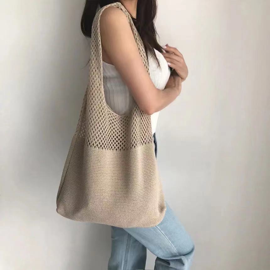 Korean Online Same Chic Simple Retro Hollow Knitted Shoulder Bag Women's Vest Bag Woolen Yarn Bag All-Match Big Bag